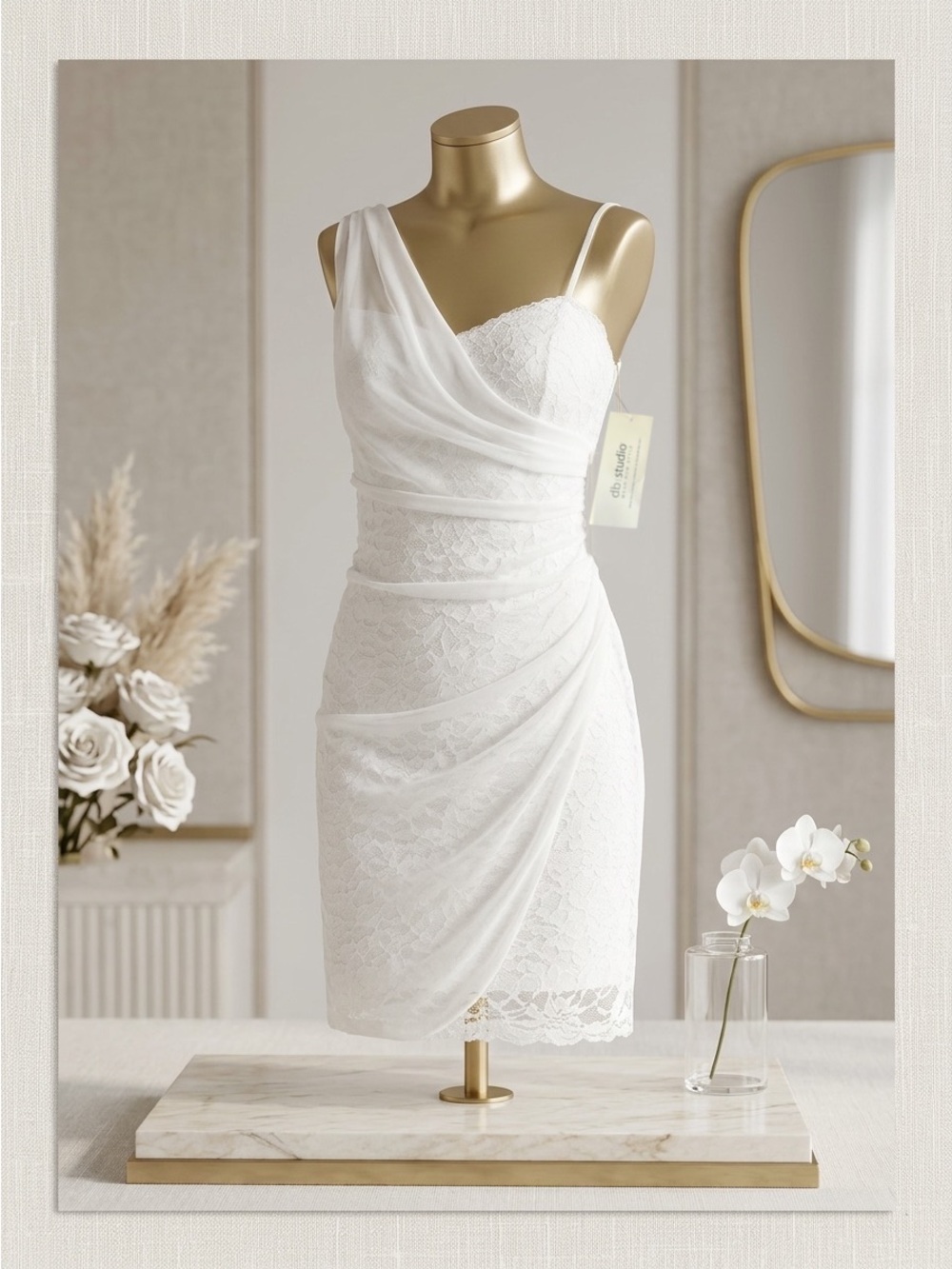 DB Studio Davids Bridal White Lace Draped Mini Dress NWT Size 4 Bachelorette New